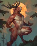 4_fingers anthro antlers biped breath chest_tuft claws crotch_tuft finger_claws fingers forest forest_background full_moon fur hooves horn male moon muscular muscular_male nature nature_background nipples nude pecs plant realistic short_tail solo tail tree tuft taran_fiddler weretober deer mammal werecreature weredeer 2024 4:5 hi_res signature