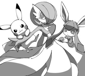 :3 ambiguous_gender black_eyes blush cheek_markings chest_spike clothing dress facial_markings feral fur fur_markings group hanging_on_arm head_markings looking_at_viewer markings paws pseudo_clothing pseudo_hair spikes spikes_(anatomy) trio noye nintendo pokemon eeveelution gardevoir generation_1_pokemon generation_3_pokemon generation_4_pokemon glaceon humanoid pikachu pokemon_(species) 2025 digital_drawing_(artwork) digital_media_(artwork) greyscale hi_res monochrome
