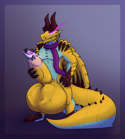 2_horns 3_fingers 3_toes almost_fully_inside ambiguous_anthro ambiguous_gender ambiguous_prey anthro anthro_pred anthro_prey ball_bulge balls big_balls big_claws big_penis biped blue_body blue_countershading border brown_claws brown_horn brown_spikes chest_spike claws cock_vore countershade_tail countershade_torso countershading digitigrade duo erection eye_trail feet feet_first fingers flesh_fang front_view genitals glans gradient_background gradient_border grey_body grey_scales grin hand_on_hip hand_on_own_hip hand_on_own_penis hand_on_penis horn huge_balls huge_penis humanoid_genitalia humanoid_penis hyper hyper_balls hyper_genitalia hyper_penis inside_balls inside_penis larger_anthro larger_male larger_pred looking_at_another male male/ambiguous male_anthro male_pred mostly_nude mostly_nude_anthro mostly_nude_male multi_limb multicolored_body multicolored_scales neck_spikes no_sclera penile penis pink_glans plated_scales pupils purple_background purple_eyes purple_scarf scales scarf scarf_only simple_background size_difference smaller_ambiguous smaller_anthro smile spiked_tail spikes spikes_(anatomy) standing tail thick_penis thick_tail toes two_tone_body two_tone_scales urethral_bulge ventral_scales vore winged_arms wings yellow_balls yellow_penis fillinek capcom monster_hunter mythology bazi_narvik vain_kadachi dragon elder_dragon fanged_wyvern mythological_creature mythological_scalie scalie shagaru_magala tobi-kadachi 2025 hi_res