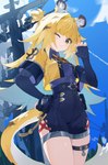 asian_clothing blonde_hair blue_bottomwear blue_clothing blue_pants bottomwear chinese_clothing clothing detailed_background east_asian_clothing female green_eyes hair pants sky solo stripes tail neun32397495 mihoyo zenless_zone_zero ju_fufu animal_humanoid felid felid_humanoid humanoid mammal mammal_humanoid pantherine pantherine_humanoid thiren tiger_humanoid 2025 hi_res