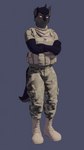 3d_(artwork) animated anthro armor black_body black_fur body_armor camo camo_clothing camo_print canid canine clothed clothing crossed_arms digital_media_(artwork) fully_clothed fur hi_res kabangeh kerchief male mammal military neckerchief osiris_callisto pattern_clothing red_sclera scar short_playtime soldier solo standing topwear uniform vest warrior