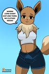 absurd_res anthro anthrofied big_breasts biped black_nose bottomwear breasts brown_body brown_eyes brown_fur bulge canid canine chest_tuft clothed clothing colored denim denim_bottomwear denim_clothing dialogue digital_media_(artwork) eevee english_text eyebrows eyelashes front_view fur generation_1_pokemon gynomorph gynomorph_anthro hi_res intersex intersex_anthro jeans looking_at_viewer mammal nintendo pants patreon patreon_logo pinup pokemon pokemon_(species) pokemorph pose pupils shirt shorts solo speech_bubble spoogiehowl tail tan_body tan_fur text thick_thighs tight_clothing topwear tuft white_clothing white_shirt white_topwear
