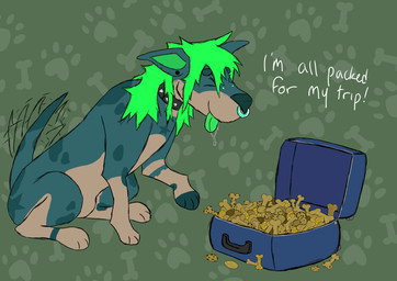 ambiguous_gender blue_body blue_fur bodily_fluids bone collar cookie dog_food dog_treat drooling excited eyes_closed facial_piercing feral food fur green_hair green_tongue hair happy pawpads paws pet_food piercing raised_paw saliva saliva_string side_view sitting smile solo suitcase tail tail_motion tailwag text tongue tongue_out gaipup rawhide_(gaipup) canid canine canis domestic_dog mammal absurd_res hi_res