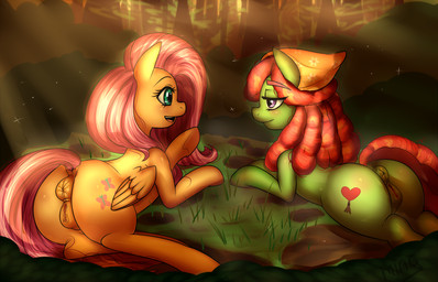 animal_genitalia animal_vulva anus blush butt cutie_mark dreadlocks duo equine_genitalia equine_vulva eye_contact feathered_wings feathers female feral genitals grass hair half-closed_eyes hooves long_hair looking_at_another lying narrowed_eyes nude open_mouth outside pink_hair plant puffy_anus smile vulva wings yellow_body yellow_feathers mingamia friendship_is_magic hasbro my_little_pony mythology fluttershy_(mlp) tree_hugger_(mlp) earth_pony equid equine horse mammal mythological_creature mythological_equine pegasus pony 14:9 2015