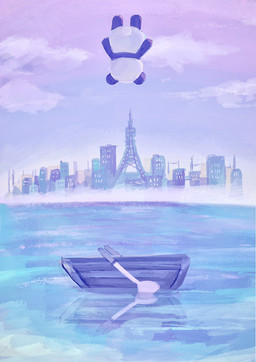 chibi city detailed_background fur kemono multicolored_body multicolored_fur outside two_tone_body two_tone_fur water white_body white_fur araru bear giant_panda mammal 2020 hi_res