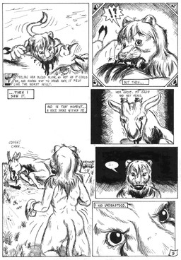 anthro blood bodily_fluids death duo ellipsis feral fur hair horn interrobang male nude predator/prey text whiskers scale_(artist) antelope bovid felid gazelle lion mammal pantherine 2001 comic english_text monochrome traditional_media_(artwork)