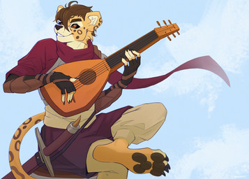 anthro armor bard bottomwear brown_hair clothing fur hair leather lute male melee_weapon musical_instrument orange_eyes pants plucked_string_instrument scarf short_hair solo string_instrument sword weapon yellow_body yellow_fur ansart cheetah felid feline mammal hi_res