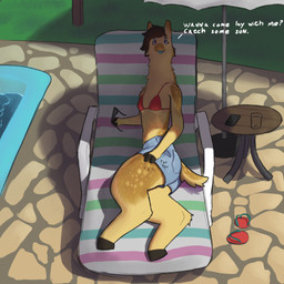3_fingers anthro bottomwear bra brown_hair clothing dialogue eyewear female fingers flip_flops footwear fur hair hooves inviting light long_neck looking_at_viewer lying multicolored_body multicolored_fur neck_tuft on_side sandals shoes short_tail shorts solo sunglasses sunlight tail text tuft underwear yellow_body wolli_mazangui wolli_(wolli_mazangui) camelid llama mammal 1:1 absurd_res hi_res
