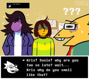 ambiguous_gender ambiguous_human anthro blush blush_lines caught clothing dialogue embarrassed eyewear female footprint freckled_face freckles glasses green_clothing green_sweater green_topwear group looking_away pattern_clothing pattern_sweater pattern_topwear purple_body purple_scales question_mark scales smelly stink_fumes striped_clothing striped_sweater striped_topwear stripes sweater text text_box topwear trio yellow_body yellow_scales yellow_skin blarf022 deltarune undertale_(series) alphys kris_dreemurr susie_(deltarune) human mammal reptile scalie 2023 absurd_res english_text hi_res