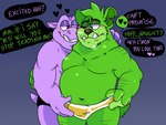 anthro belly blush bulge candy clothing dessert dialogue duo food green_body gummy_(food) gummy_bear_(food) heart_after_text heart_pair heart_reaction heart_symbol heart_triplet humanoid_hands male male/male moobs multi_heart_reaction navel nipples overweight overweight_male purple_body simple_background speech_bubble text text_with_heart underwear lewdookami duck_studios gummybear_and_friends gummibar kozo_(duck_studios) bear common_hippopotamus hippopotamid mammal 2021 4:3 english_text