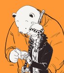 anthro biped book clothed clothing dot_eyes duo hat headgear headwear humanoid_hands male orange_background reading simple_background slightly_chubby tattoo weapon beeprlae16 one_piece bepo_(one_piece) trafalgar_law bear human mammal minkmen_(one_piece) polar_bear ursine 2020