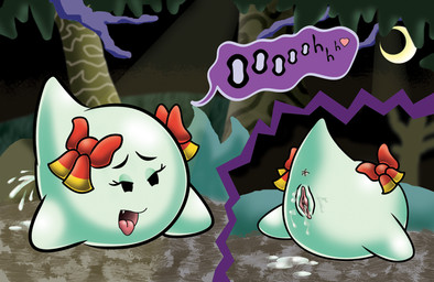 bodily_fluids female genital_fluids genitals not_furry ribbons solo vaginal_fluids vulva unknown_artist mario_bros nintendo paper_mario lady_bow boo_(mario) ghost spirit undead