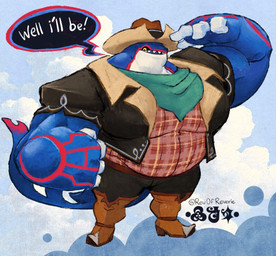 anthro belt big_hands black_bottomwear black_clothing black_pants black_sclera blue_background blue_body boots bottomwear brown_belt brown_boots brown_clothing brown_footwear brown_hat brown_headwear brown_shirt brown_topwear clothed clothing cloudy_background collared_shirt countershading cowboy_hat dialogue fist footwear gesture hat headgear headwear logo looking_at_viewer male moobs omega_symbol open_clothing open_mouth open_shirt open_topwear overweight overweight_anthro overweight_male pants pattern_clothing pattern_shirt pattern_topwear plaid plaid_clothing plaid_shirt plaid_topwear pointy_shoes print_clothing red_accents red_clothing red_shirt red_topwear salute scarf sharp_teeth shirt shoes simple_background solo southern_accent speech_bubble standing tail teal_clothing teeth top_heavy topwear white_body yellow_eyes revofreverie nintendo pokemon pokemon_pokopia generation_3_pokemon kyogre legendary_pokemon pokemon_(species) 2026 artist_logo colored digital_drawing_(artwork) digital_media_(artwork) hi_res shaded signature