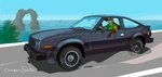 arm_out blonde_hair car classic_car driving fur hair male muscle_car orange_body orange_fur road sea solo steering_wheel vehicle water charmersshelter amc 8-track canid canine fox mammal animated short_playtime