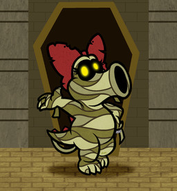 3_toes 4_fingers anthro bent_arm black_sclera brick brick_floor brick_wall coffin eyelashes feet female fingers glowing glowing_eyes grey_wall hand_on_hip hand_on_own_hip holidays inside looking_at_viewer mummy_wrappings no_pupils open_mouth pose red_bow red_spines solo standing tail_spines toes wall_(structure) yellow_eyes captainquack64 halloween mario_bros nintendo birdo_(character) birdo hybrid mummy undead 2023 colored digital_drawing_(artwork) digital_media_(artwork) english_description full-length_portrait hi_res portrait shaded simple_shading