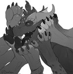 4_toes ambiguous_gender anthro claws digitigrade feet feet_everywhere foot_fetish foot_lick foot_on_face foot_play group licking pawpads toe_claws toes tongue drank_hyena scalie hi_res monochrome