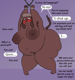 anthro areola armpit_tuft bdsm belly big_areola big_butt blush body_hair bondage bound breasts brown_body brown_fur butt captured chain chained_cuffs cuff_(restraint) dialogue embarrassed fangs female fur good_girl growling handcuffs hanging_by_arms happy_trail huge_areola huge_butt mature_anthro mature_female metal_cuffs nipples obese obese_anthro obese_female offscreen_character overweight overweight_anthro overweight_female pubes restraints sagging_breasts secretly_loves_it solo suspension suspension_bondage tail tail_motion tailwag teeth text thick_thighs oxkingky dorothy_b_hound canid canine canis domestic_dog mammal 2025 comic digital_media_(artwork) english_text