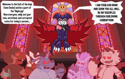anthro balls bodily_fluids church claws clothing corruption erection evil_grin genital_fluids genitals group horn hypnosis male male/male mid_transformation mind_control penis precum religious_themes ringed_eyes smile text torn_clothing transformation soul-silver-dragon bandai_namco digimon digimon_(species) gabumon gammamon gomamon guilmon impmon english_text hi_res