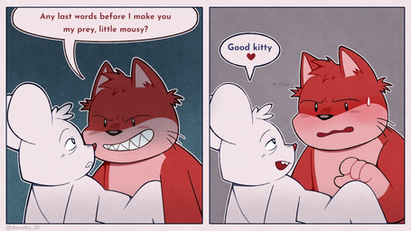 anthro blush bodily_fluids dialogue duo fangs fur grin heart_symbol lying male male/male nervous nude on_back pinned red_body red_fur smile speech_bubble sweat sweatdrop teeth text two_panel_image white_body white_fur dowaku_01 bandai_namco mappy shiftylook goro_(mappy) mappy_(character) domestic_cat felid feline felis mammal mouse murid murine rodent 16:9 comic english_text hi_res widescreen