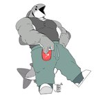 anthro beverage_can biceps big_muscles black_clothing blush can clothing container countershading deltoids fin fish_mouth footwear green_clothing grey_body grey_clothing grey_fins holding_can holding_container holding_object huge_muscles male manly musclegut muscular overweight overweight_male pecs shirt shoes simple_background slightly_chubby sneakers solo tank_top topwear white_body white_countershading jjemmin fish humanoid marine hi_res