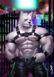 abs anthro big_muscles black_bottomwear black_clothing black_pants bottomwear clothing fur harness leather leather_clothing leather_harness looking_at_viewer male muscular muscular_anthro muscular_arms muscular_male nipples pants pecs pink_nipples solo white_body white_fur dalluwn canid canine canis mammal wolf 2020 portrait signature three-quarter_portrait