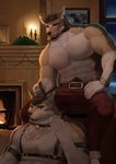 anthro bell belt clock clothed clothing duo holding_leash holding_object holidays leash male male/male muscular muscular_anthro muscular_male notched_ear partially_clothed scar sitting topless watch meetupman1 christmas echo_(series) echo_project the_smoke_room kane_(the_smoke_room) william_adler canid canine canis coyote mammal wolf 2022 absurd_res hi_res