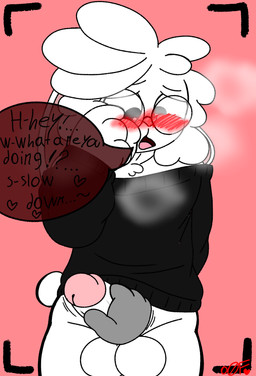 anthro aroused_face black_clothing black_shirt black_topwear blush camera_view clothing covering covering_face dialogue disembodied_hand embarrassed erection eyewear femboy fluffy fluffy_hair foggy_glasses genitals glasses hair handjob humanoid_genitalia humanoid_penis male moan motion_lines off_shoulder_shirt penile penis sex shirt steamy_breath topwear shy_zangoose oliver_(adude54) lagomorph leporid mammal rabbit absurd_res hi_res