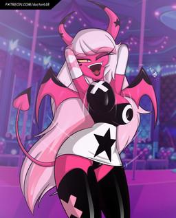 2_horns armwear big_breasts black_clothing black_panties black_underwear bouncing_breasts breasts clothed clothing dress elbow_gloves eyebrow_through_hair eyebrows eyelashes female gloves hair hands_behind_head handwear horn legwear long_eyelashes long_hair looking_at_viewer membrane_(anatomy) membranous_wings motion_lines not_furry one_eye_closed open_mouth open_smile panties pink_body pink_eyes pink_skin smile solo spade_tail tail teeth text thigh_highs tongue translucent translucent_hair underwear upskirt white_hair wings wink winking_at_viewer yellow_sclera doc.b hellaverse helluva_boss verosika_mayday humanoid succubus 2026 absurd_res artist_name hi_res url