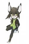 4_toes 5_fingers anthro barefoot biped black_hair chibi clothed clothing ear_piercing feet fingers green_eyes hair open_mouth piercing simple_background smile solo toes tongue white_background rikitoka felid feline lynx mammal hi_res