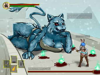anthro armor blood blue_hair bodily_fluids bottomwear breasts butt cleavage clothed clothing dialogue duo female gui hair holding_melee_weapon holding_object holding_sword holding_weapon legwear melee_weapon outside red_sclera size_difference skirt smile snow sword tail tail_over_skirt text thigh_highs unconvincing_armor weapon aygee dark_souls fromsoftware aava_the_king's_pet lazuli_delarosa felid lagomorph leporid mammal rabbit 2020 4:3 english_text hi_res