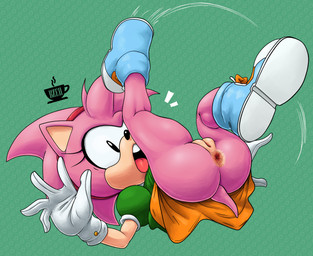 anthro anus bottomless butt clothed clothing female footwear genitals gloves hair handwear looking_at_viewer multicolored_body open_mouth pink_body pink_hair shoes short_tail simple_background solo tail tan_body tongue two_tone_body vulva young young_anthro young_female bzeh sr classic_sonic_(universe) sega sonic_the_hedgehog_(series) amy_rose classic_amy_rose eulipotyphlan hedgehog mammal 2026 absurd_res artist_collaboration hi_res