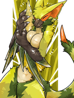 3_claws 3_fingers anthro anthrofied arms_bent beak beak_closed biped breasts brown_beak brown_body claws closed_smile eyes_closed featureless_breasts featureless_crotch female finger_claws fingers fur glistening glistening_body green_body green_fur green_tail holding_object hug hugging_object medium_breasts membrane_(anatomy) membranous_wings mouth_closed multicolored_body multicolored_fur multicolored_tail non-mammal_breasts nude nude_anthro nude_female orange_body scales scuted_arms scutes slit_nostrils smile solo standing tail tan_body three-quarter_view ventral_scales winged_arms wings wiosvikulan capcom monster_hunter flying_wyvern green_nargacuga nargacuga 2026 absurd_res digital_drawing_(artwork) digital_media_(artwork) hi_res portrait shaded three-quarter_portrait