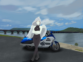 anthro biped black_clothing black_crop_top black_shirt black_topwear blue_body blue_scales bone bone_frill bottomwear breasts bridge clothing cloud collar crop_top crossed_arms day feathered_wings feathers female fingers frill_(anatomy) front_view grass grey_body grey_bottomwear grey_clothing grey_feathers grey_hair grey_pants hair humanoid_hands jewelry long_hair markings medium_breasts motorcycle navel necklace non-mammal_breasts orange_eyes outside pants plant pose river scales shadow shirt skull sky smile solo spiked_collar spikes standing striped_markings stripes topwear vehicle water wings ryangoslinghorny cavemanon_studios goodbye_volcano_high ko_op_(game_developer) snoot_game fang_(gvh) prehistoric_species pterosaur reptile scalie 4:3 absurd_res colored full-length_portrait hi_res portrait shaded