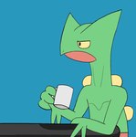 anthro black_outline blue_background coffee_mug container cup digital_media_(artwork) frown furniture generation_3_pokemon half-length_portrait hi_res holding_object male meme nintendo outline pokemon pokemon_(species) portrait reaction_image roguecolonel303 sceptile simple_background sitting solo stare table too_early_for_this wtf_face