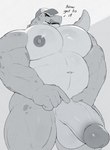 anthro balls big_breasts big_penis breasts clothing commanding_viewer flaccid genitals gesture glans hand_gesture hat headgear headwear licking licking_lips looking_at_viewer looking_down male moobs musclegut muscular muscular_male nude pecs penis pointing scales size_difference solo tongue tongue_out doggonut salvador_(gator) alligator alligatorid crocodilian reptile scalie hi_res sketch