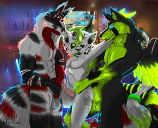 anal anthro bar butt erection feathered_wings feathers genitals glowing group horn lights male male/male male_penetrated male_penetrating male_penetrating_male masturbation penetration penile penile_masturbation penis piercing sex spots star stripes wings shiarah spork_(shiarah) canid canine canis chizelle mammal wolf absurd_res hi_res