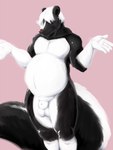 animal_genitalia anthro balls belly black_body black_fur fur genitals gesture hair male sheath shrug simple_background skunk_tail solo white_body white_fur white_hair pandottermon skunktember cecil_(pandottermon) mammal mephitid skunk hi_res