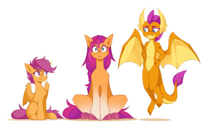 blue_eyes braided_hair braided_ponytail female feral flying fur group hair hooves horn looking_at_viewer membrane_(anatomy) membranous_wings orange_body orange_fur ponytail purple_eyes purple_hair sitting thousand_yard_stare trio wings buvanybu friendship_is_magic hasbro mlp_g5 my_little_pony mythology scootaloo_(mlp) smolder_(mlp) sunny_starscout_(mlp) dragon earth_pony equid equine horse mammal mythological_creature mythological_equine mythological_scalie pegasus pony scalie hi_res