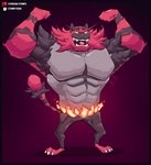 abs anthro barefoot big_muscles black_border border bottomwear claws clothed clothing eyebrows feet fire flexing fur huge_muscles male muscular muscular_anthro muscular_male open_mouth open_smile pants pecs red_background shadow short_legs simple_background smile solo standing teeth text tongue toony top_heavy topless topless_anthro topless_male tuft stompsyeen nintendo patreon pokemon twitch.tv generation_7_pokemon incineroar pokemon_(species) 2024 hi_res shaded url