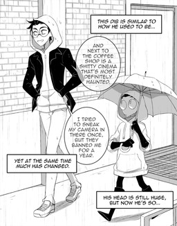 aged_up antennae_(anatomy) black_hair clothed clothing detailed_background dialogue duo eyewear gloves hair handwear hoodie male not_furry raining speech_bubble text topwear umbrella walking inimoose invader_zim nickelodeon dib_membrane zim_(invader_zim) alien alien_humanoid human humanoid irken mammal comic digital_media_(artwork) english_text hi_res monochrome