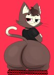 ambiguous_gender anthro big_butt black_clothing black_shirt black_topwear bottomwear bottomwear_down butt clothed clothing heterochromia looking_back pants pants_down partially_clothed plaid shirt smug solo thick_thighs topwear ota_(artist) kralex domestic_cat felid feline felis mammal 2023 hi_res male_(lore)