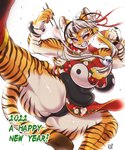 anthro breasts chopsticks clothing female kick panties simple_background solo spread_legs spreading striped_body stripes thick_thighs underwear white_background nzuuure felid mammal pantherine tiger hi_res