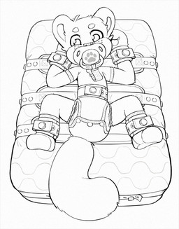 anthro bound clothing diaper lying male mattress object_in_mouth on_back onesie pacifier pacifier_clip pacifier_in_mouth restrained segufix solo young young_male skidoo felid mammal pantherine snow_leopard hi_res line_art monochrome