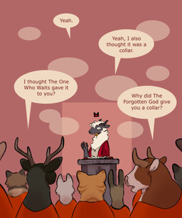 ambiguous_anthro ambiguous_gender anthro antlers bell bell_collar collar dialogue fur group horn question speech_bubble talking_to_another text white_body white_fur white_wool wool_(fur) bogcreacher cult_of_the_lamb massive_monster_(studio) lamb_(cult_of_the_lamb) bovid bovine caprine cattle deer domestic_cat felid feline felis mammal sheep 2025 absurd_res digital_drawing_(artwork) digital_media_(artwork) english_text hi_res