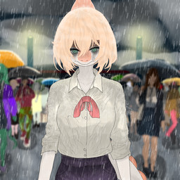 ambiguous_gender anthro anthro_focus biped blonde_hair blurred_background bodily_fluids bone_frill bottomwear bow_tie breasts clothed clothed_anthro clothed_female clothing collared_shirt crying detailed_background dress_shirt female female_focus frill_(anatomy) front_view frown green_eyes grey_bottomwear grey_clothing grey_pants group hair looking_down medium_breasts medium_hair multicolored_body multicolored_scales non-mammal_breasts orange_body orange_scales outside pants raining sad scales shirt solo_focus spiked_tail spikes spikes_(anatomy) standing street_lamp tail tears topwear two_tone_body two_tone_scales umbrella white_body white_clothing white_scales white_shirt white_topwear ryangoslinghorny goodbye_volcano_high ko_op_(game_developer) background_character naomi_(gvh) dinosaur hadrosaurid ornithischian ornithopod parasaurolophus prehistoric_species reptile scalie 1:1 half-length_portrait hi_res portrait