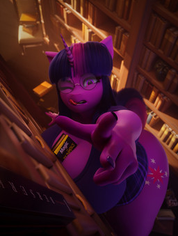 5_fingers anthro anthrofied big_breasts big_butt book book_between_breasts bottomwear breasts butt cleavage clothed clothing colored_nails cutie_mark eyebrows eyelashes eyewear female fingers glasses hair highlights_(coloring) horn huge_breasts huge_butt inside library long_hair miniskirt nails object_between_breasts one_eye_closed pattern_bottomwear pattern_clothing pattern_skirt pink_highlights plaid plaid_bottomwear plaid_clothing plaid_miniskirt plaid_skirt purple_body purple_eyes purple_hair purple_nails purple_tail reaching reaching_for_object round_glasses shirt skirt solo standing tail thick_thighs tongue tongue_out topwear unicorn_horn wearing_glasses wide_hips vllrukkin scrag_(modeler) for_dummies friendship_is_magic hasbro my_little_pony mythology twilight_sparkle_(mlp) equid equine mammal mythological_creature mythological_equine unicorn 2026 3d_(artwork) absurd_res digital_media_(artwork) hi_res