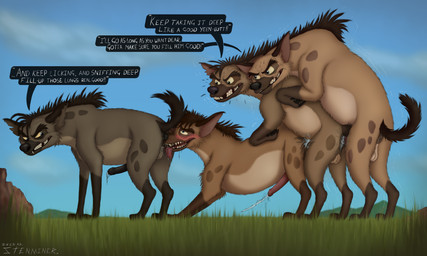 anal anal_penetration anatomically_correct animal_genitalia animal_penis anus ball_lick balls blush bodily_fluids brown_feet brown_snout brown_spots butt_sniffing countershade_torso countershading cum day dialogue drooling ejaculation erection facial_markings feet female feral foursome fur genital_fluids genitals gloves_(marking) grey_body grey_fur group group_sex head_markings hyaenid_penis leg_markings licking lucky_pierre male male/male markings muzzle_(marking) nose_to_anus oral penetrating_while_penetrated penetration penis pseudo-penis pseudo-scrotum saliva sex sniffing socks_(marking) spots spotted_body spotted_fur sweat tail tan_body tan_countershading teeth text tongue tongue_out avoid_posting stenminer arvo_(stenminer) borko_(stenminer) fan_character hasira_(stenminer) stenminer_(stenminer) hyena mammal spotted_hyena 2025 5:3 absurd_res digital_media_(artwork) digital_painting_(artwork) english_text hi_res painting_(artwork) female_(lore) male_(lore)