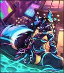 anthro bikini black_body black_fur black_hair blue_inner_ear_fluff breasts camel_toe clothing crotch_tuft dipstick_tail ear_piercing eyebrows eyelashes facial_piercing female fur gold_bikini hair heart_symbol inner_ear_fluff legs_in_water lip_piercing lip_ring low-angle_view markings medium_breasts navel navel_piercing piercing ring_piercing sitting solo spread_legs spreading swimwear tail tail_markings text thick_thighs tuft two-piece_swimsuit untied_bikini wet wide_hips acedark258 epic_games fortnite golden_week pack_leader_highwire canid canine canis mammal wolf 2025 absurd_res digital_media_(artwork) english_text hi_res