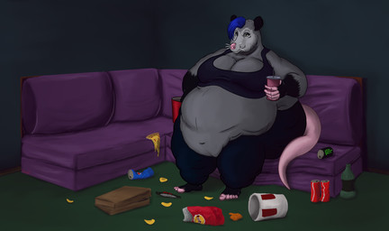 anthro beverage big_breasts big_butt breasts butt coach cola eating eating_food fast_food female food obese overweight overweight_anthro overweight_female soda osiol american_opossum mammal marsupial virginia_opossum