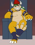 anthro bracelet chair claws clothing collar convenient_censorship feet foot_fetish foot_focus footwear furniture hair jewelry male nude red_hair sharp_teeth smile socks soles solo spiked_bracelet spikes stirrup_socks teeth throne aaron_amethyst mario_bros nintendo bowser koopa scalie absurd_res hi_res